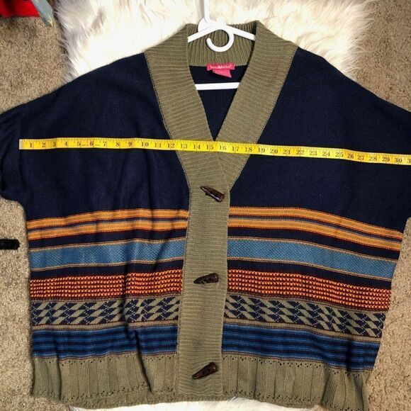 Blue Orange Striped Knit Cardigan Sweater Boho Hippie Button Up - Picture 3 of 6